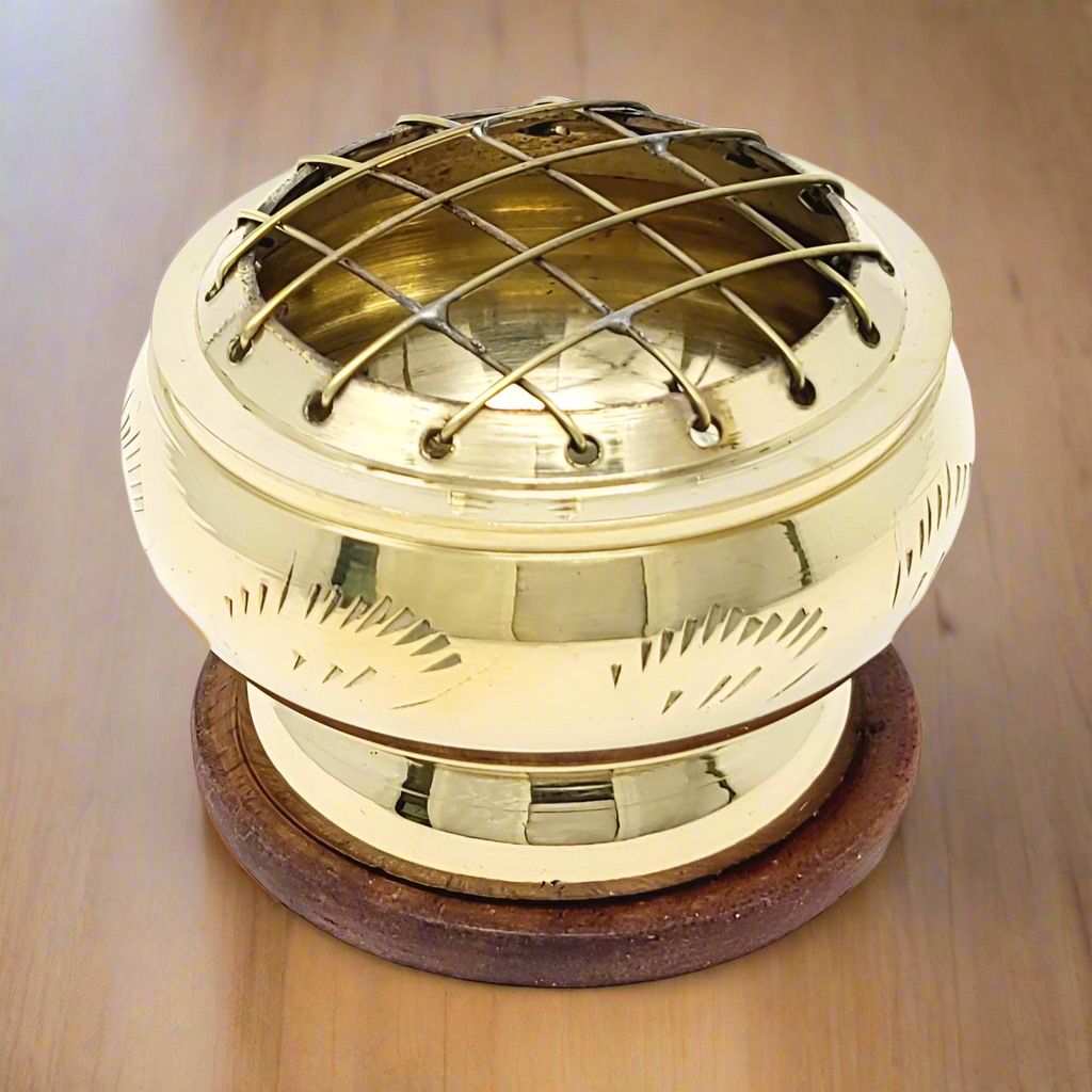 Brass Screen Charcoal Burner with Wooden Coaster