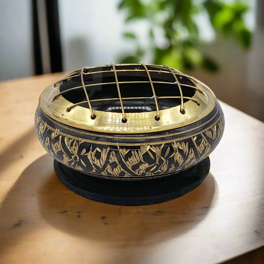 Black Carved Brass Screen Charcoal Burner with Wooden Coaster